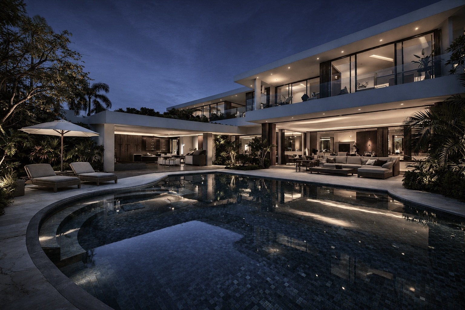 Populaire villa at twilight — illuminated open-plan living wing reflected in a curved infinity pool